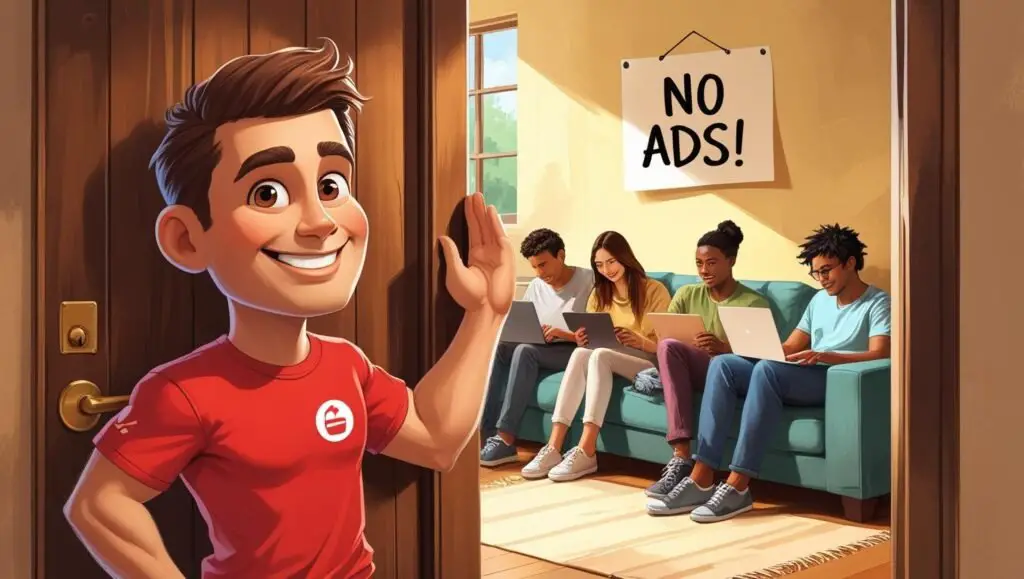 A brand mascot knocking on a 'Private Group' door while digital natives chill inside with a 'No Ads' sign