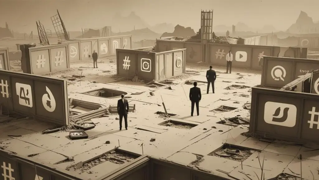A ghost town-like platform with faded like icons and hashtags. Only marketers are left.