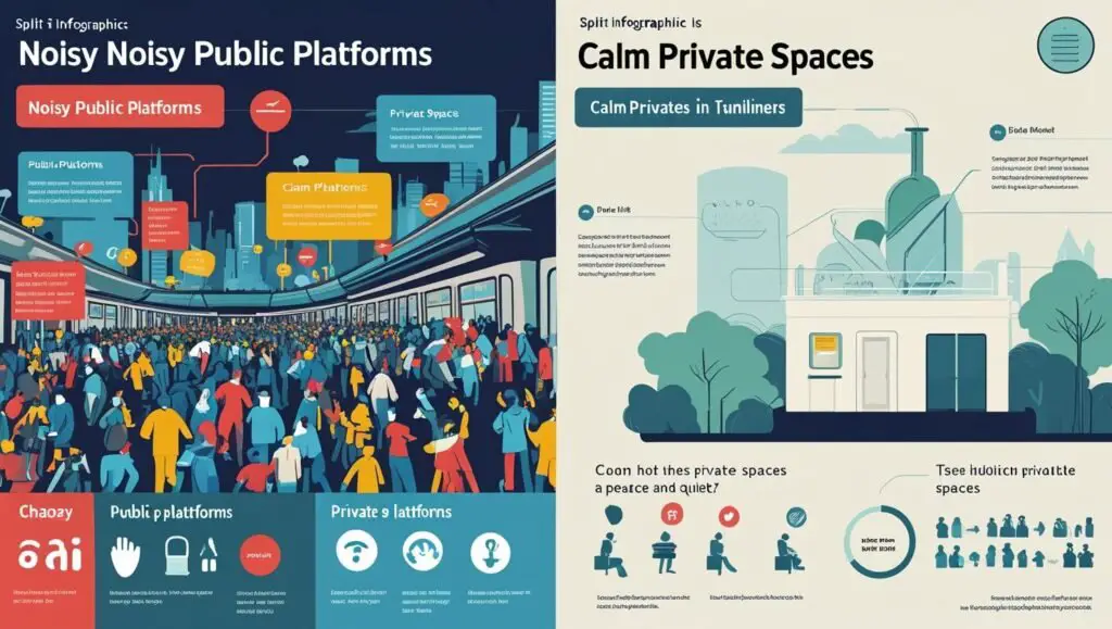 A split infographic showing the noisy public platforms vs. calm private spaces]