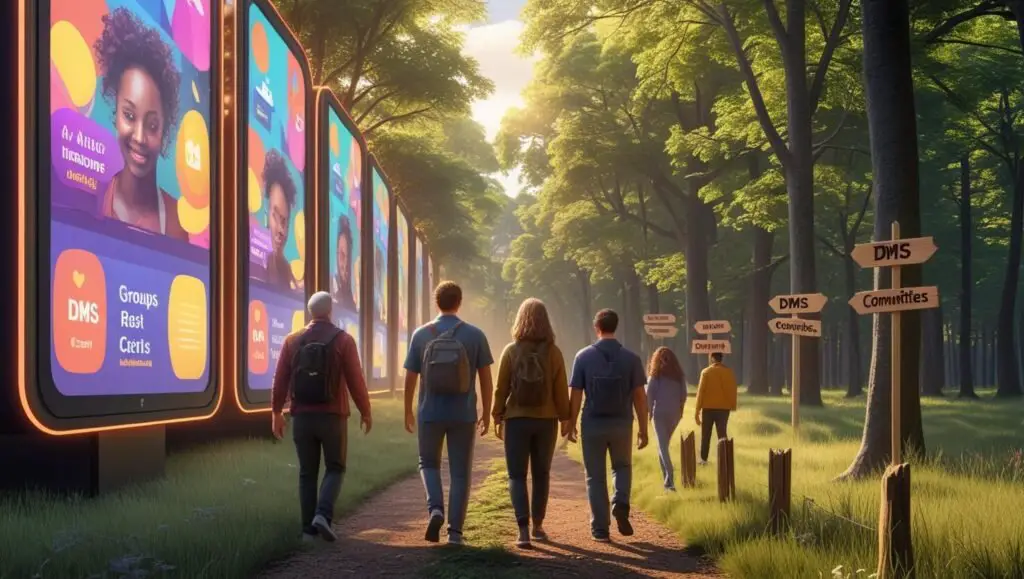 Users walking away from loud digital billboards into peaceful forests with signs reading 'DMs', 'Groups', 'Communities'